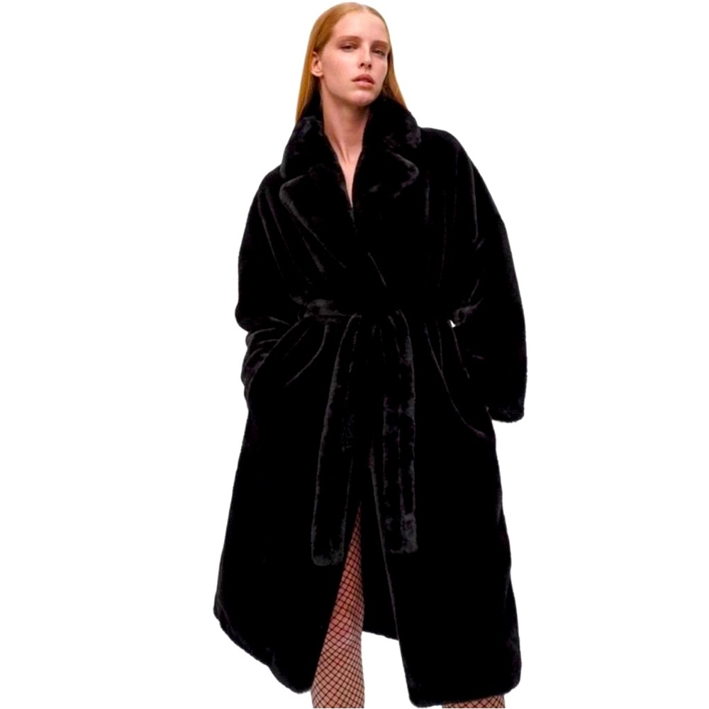 Zara Black Faux Fur Plush Belted Coat.